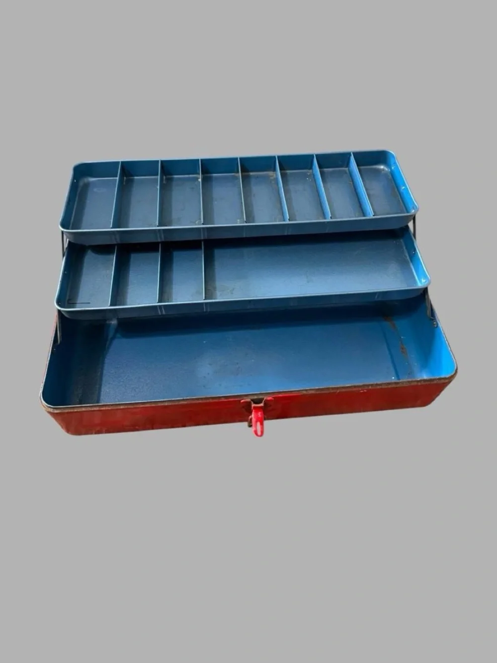 Vintage red metal cantilever toolbox – Blue tiered trays industrial storage